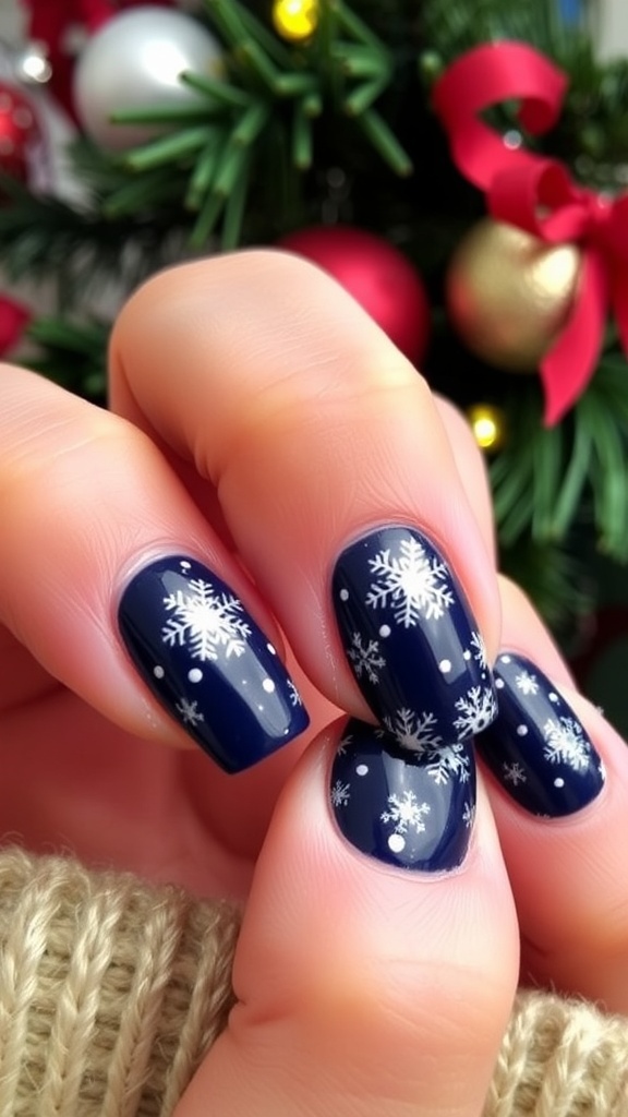 Short nails painted navy blue with white snowflakes and glitter, set in a festive Christmas background.